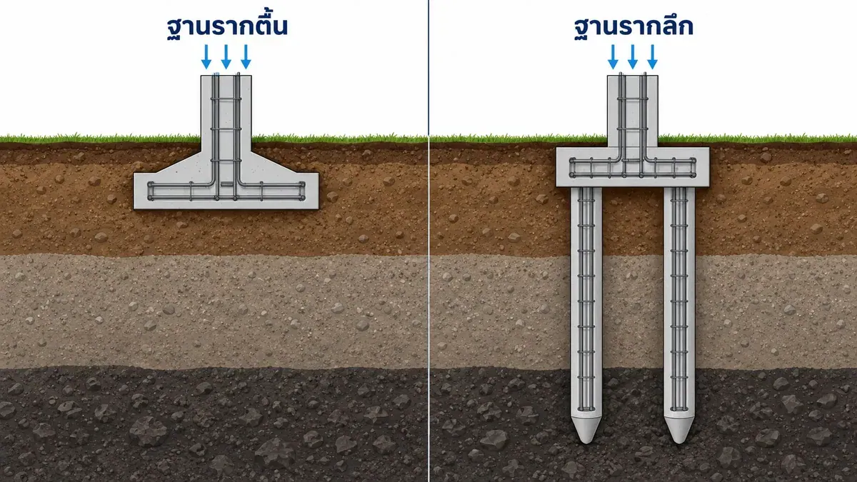ประเภทฐานรากตื้นและฐานรากลึกแบบเสาเข็ม